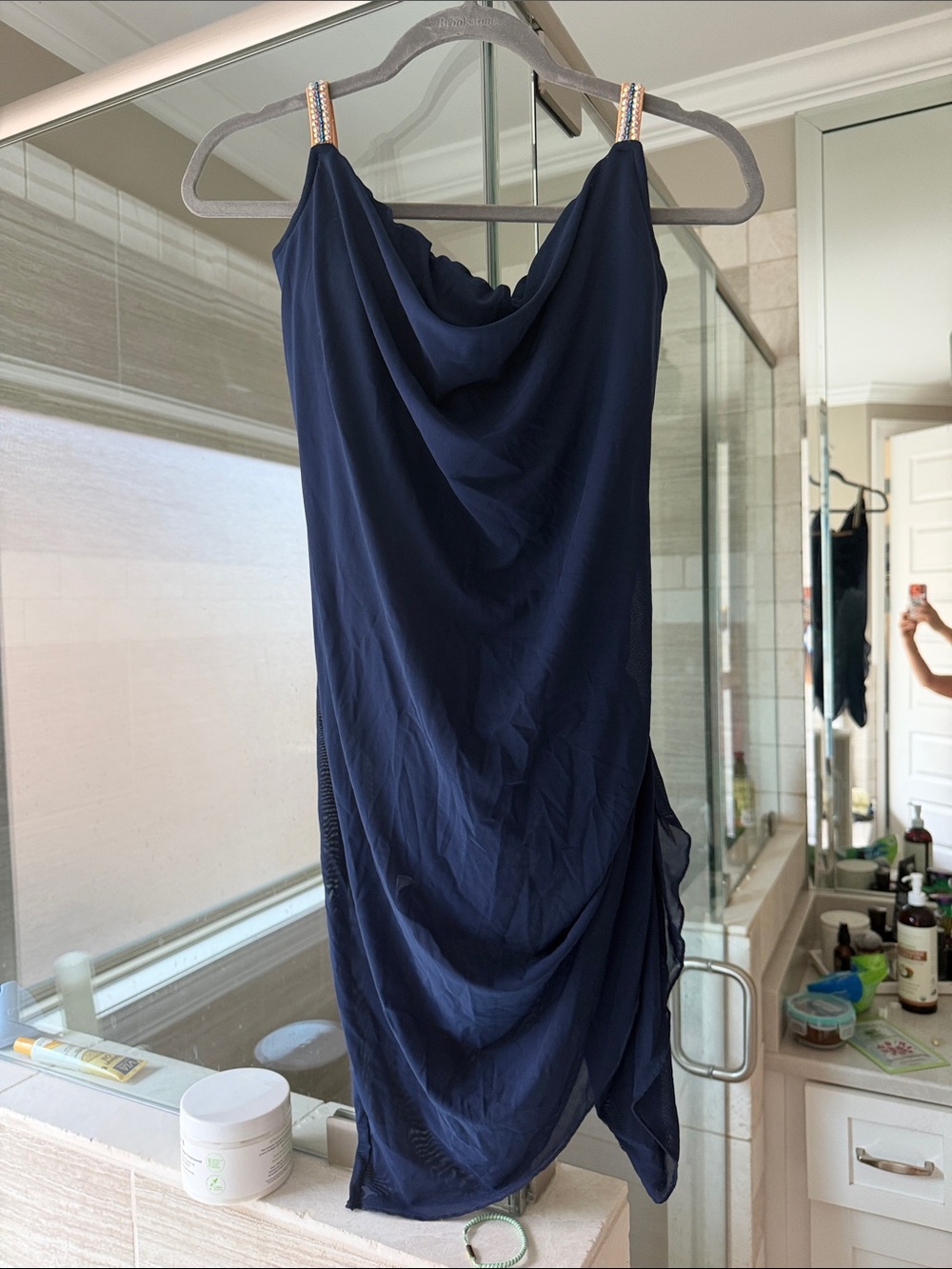 Navy Cowl Neck Slip Dress with Embellished Straps